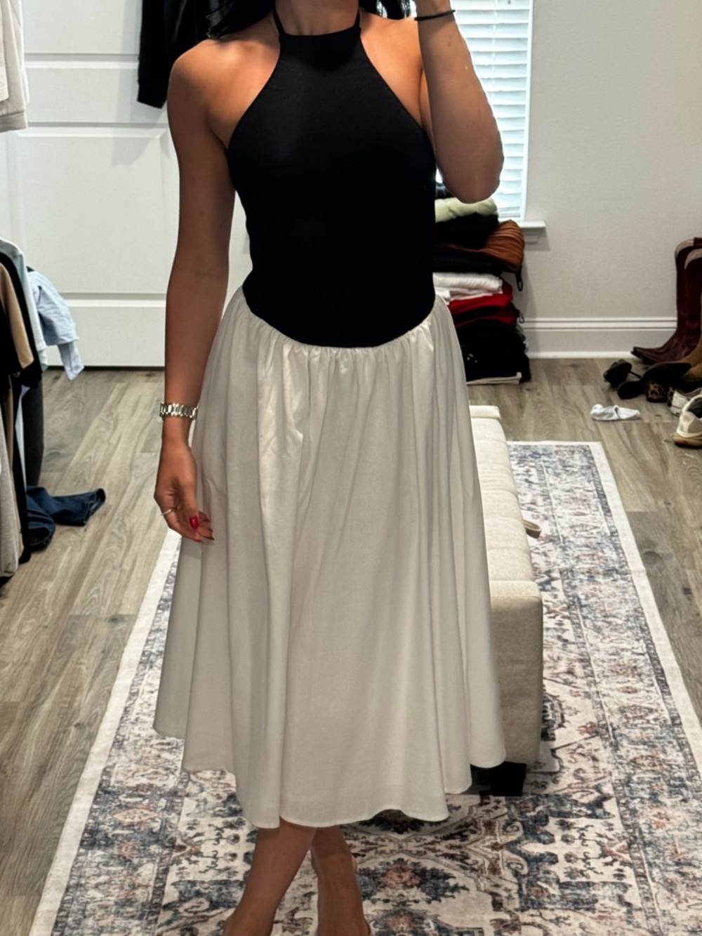Meshki Black Halter Bodice with White A-Line Midi Skirt